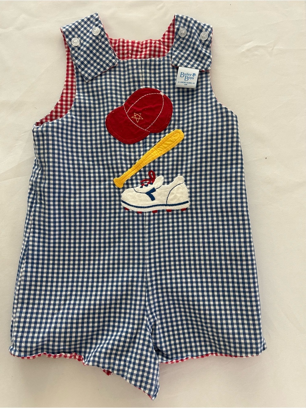 24 months Gingham Reversible Jon Jon Romper with Baseball Appliqué
